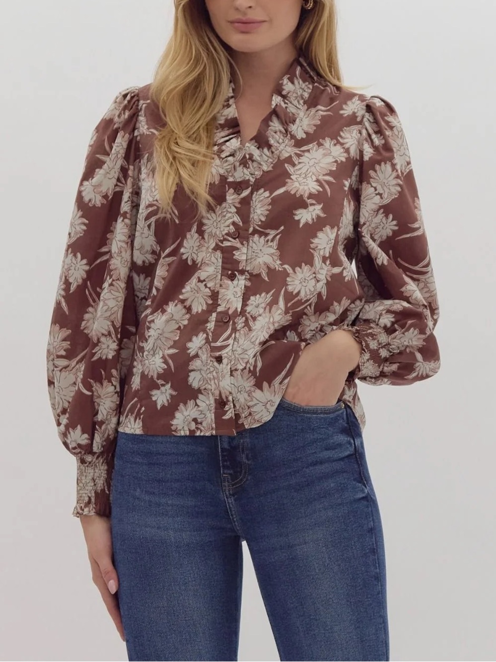 entro Brown Floral Puff-Sleeve Button Front Blouse M 100% Cotton casual Autumn